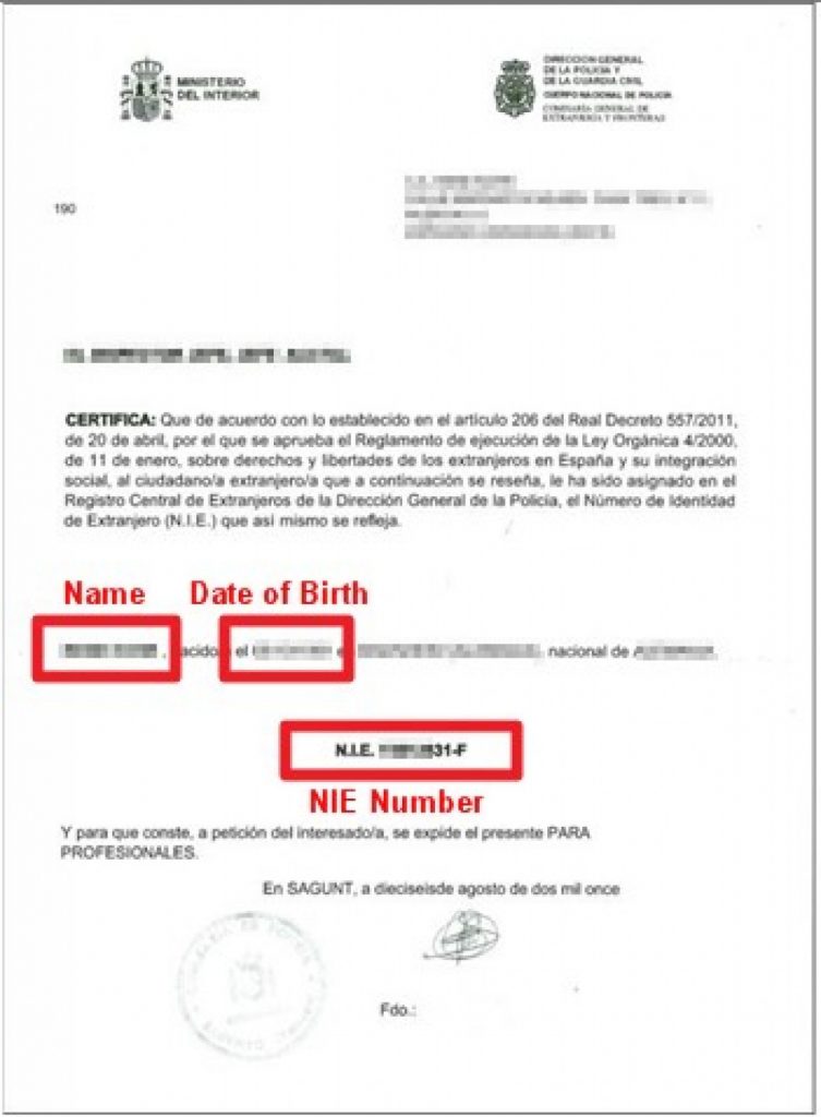 What a NIE Number certificate looks like
